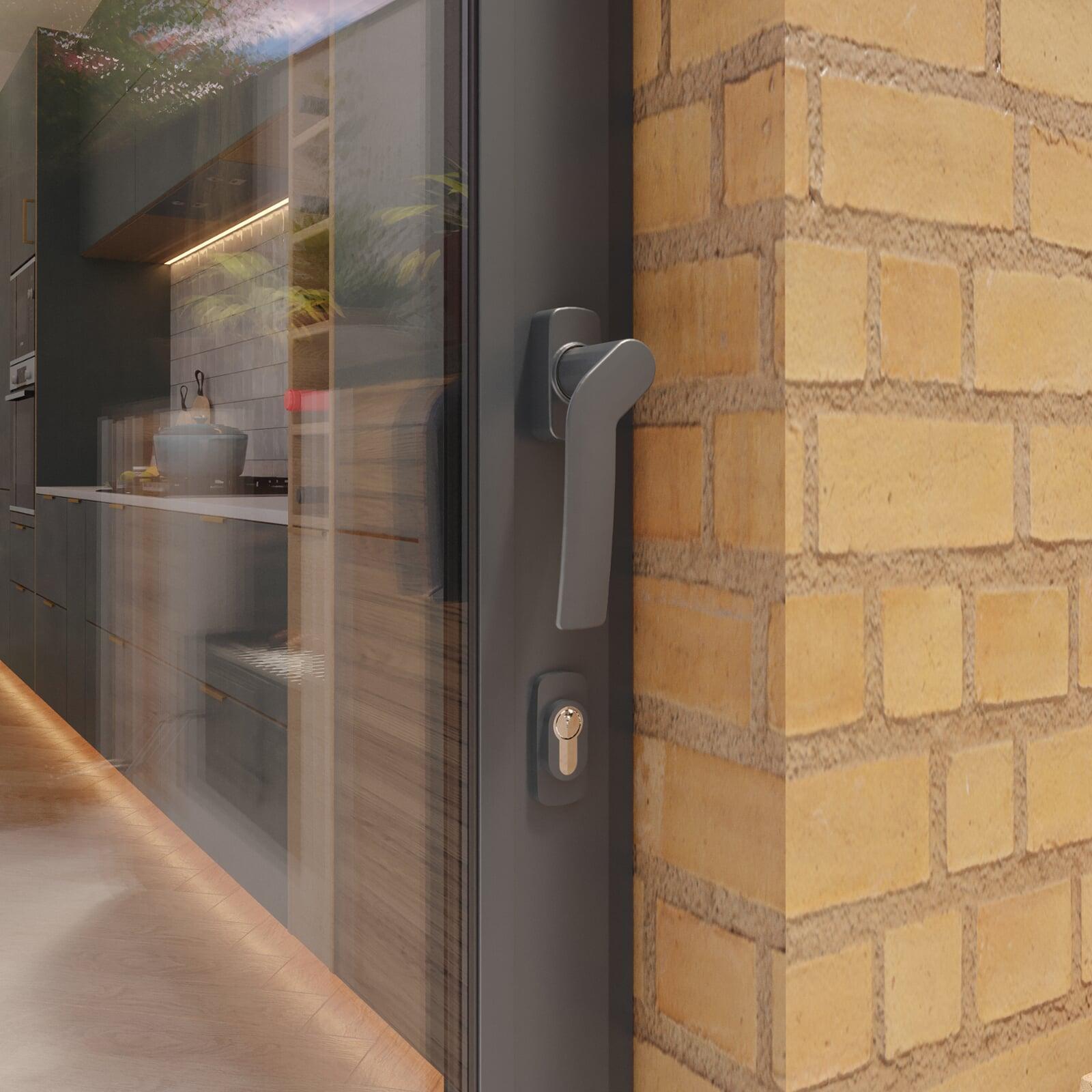 Cranked patio door handle in modern grey